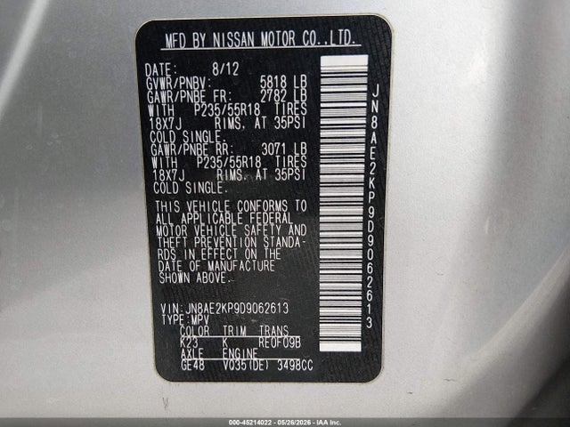 45214022 :رقم المزاد ، JN8AE2KP9D9062613 vin ، 2013 Nissan Quest Le مزاد بيع