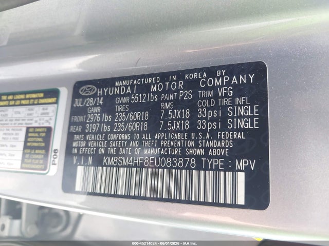 Aukcja sprzedaży 2014 Hyundai Santa Fe Gls, vin: KM8SM4HF8EU083878, numer aukcji: 45214024
