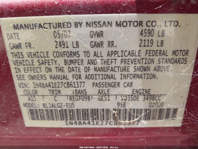 Продаж на аукціоні авто 2007 Nissan Maxima 3.5 Sl, vin: 1N4BA41E27C861377, номер лоту: 45214044