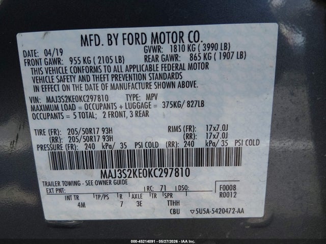 Aukcja sprzedaży 2019 Ford Ecosport Titanium, vin: MAJ3S2KE0KC297810, numer aukcji: 45214091