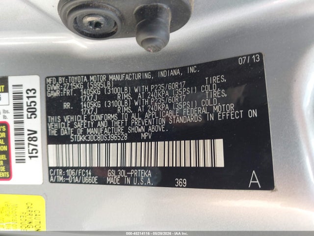 45214116 :رقم المزاد ، 5TDKK3DC8DS396528 vin ، 2013 Toyota Sienna Le V6 8 Passenger مزاد بيع