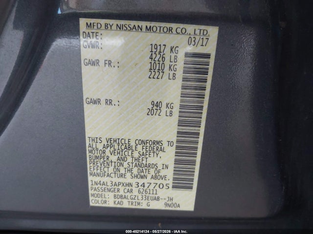 Aukcja sprzedaży 2017 Nissan Altima 2.5 S, vin: 1N4AL3APXHN347705, numer aukcji: 45214124