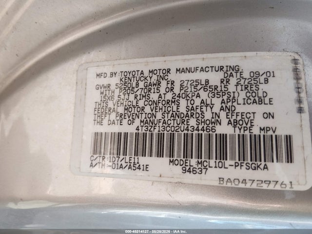 45214127 :رقم المزاد ، 4T3ZF13C02U434466 vin ، 2002 Toyota Sienna Xle مزاد بيع