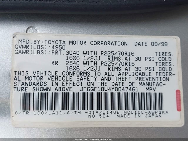 Aukcja sprzedaży 2000 Lexus Rx 300, vin: JT6GF10U4Y0047461, numer aukcji: 45214137