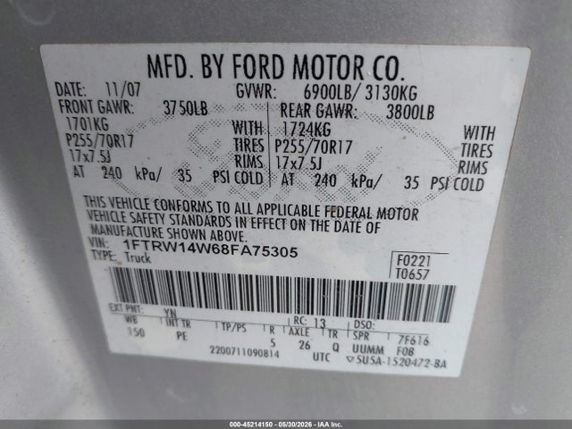 Продаж на аукціоні авто 2008 Ford F-150 Xlt, vin: 1FTRW14W68FA75305, номер лоту: 45214150