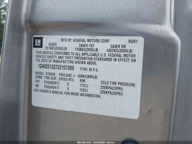 Продаж на аукціоні авто 2002 Chevrolet Trailblazer Ltz, vin: 1GNDS13S722157389, номер лоту: 45214151