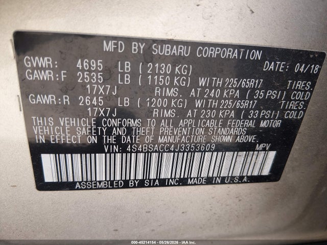 Продажа на аукционе авто 2018 Subaru Outback 2.5i Premium, vin: 4S4BSACC4J3353609, номер лота: 45214154