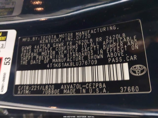 2020 Toyota Camry Xse მანქანა იყიდება აუქციონზე, vin: 4T1K61AK8LU376709, აუქციონის ნომერი: 45214165
