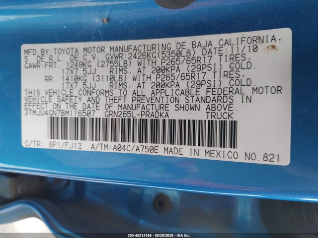 Auction sale of the 2011 Toyota Tacoma Prerunner V6, vin: 3TMJU4GN7BM116507, lot number: 45214166