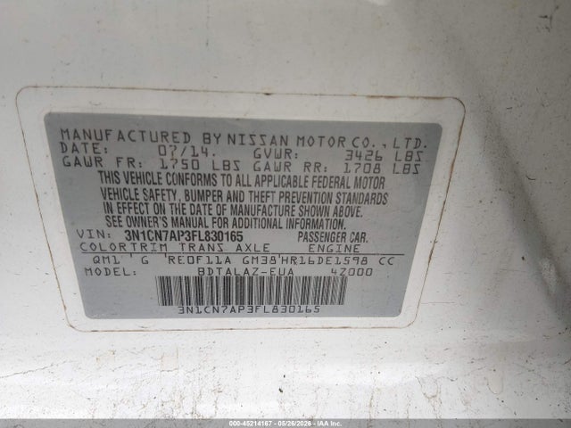 Продаж на аукціоні авто 2015 Nissan Versa 1.6 S+, vin: 3N1CN7AP3FL830165, номер лоту: 45214167