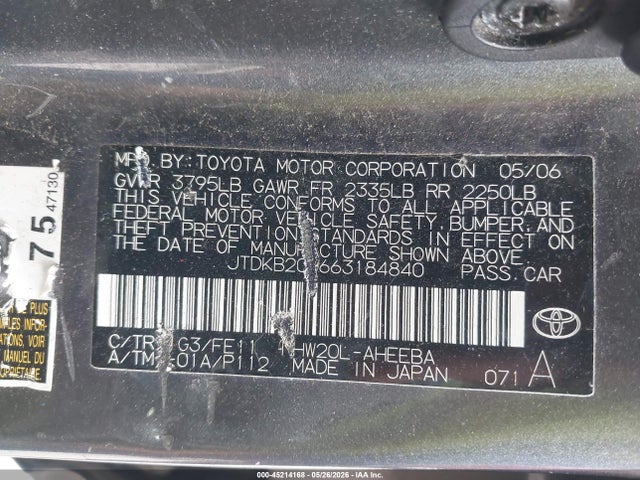 45214168 :رقم المزاد ، JTDKB20U663184840 vin ، 2006 Toyota Prius مزاد بيع