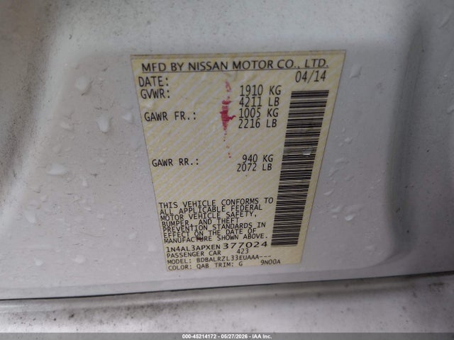 Aukcja sprzedaży 2014 Nissan Altima 2.5/2.5 S/2.5 Sl/2.5 Sv, vin: 1N4AL3APXEN377024, numer aukcji: 45214172