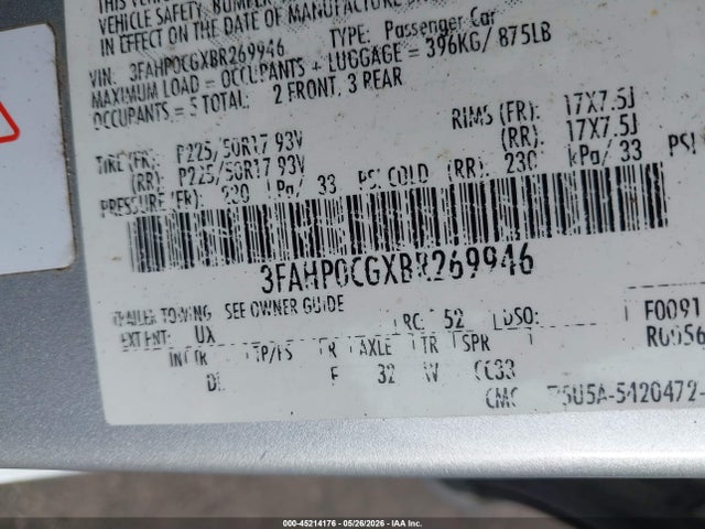 45214176 :رقم المزاد ، 3FAHP0CGXBR269946 vin ، 2011 Ford Fusion Sel مزاد بيع