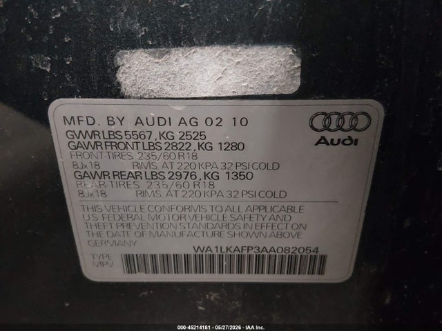 Продаж на аукціоні авто 2010 Audi Q5 3.2 Premium, vin: WA1LKAFP3AA082054, номер лоту: 45214181