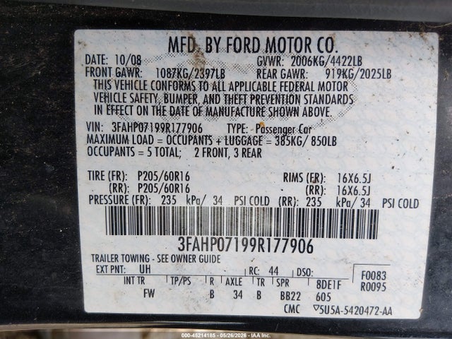 45214185 :رقم المزاد ، 3FAHP07199R177906 vin ، 2009 Ford Fusion Se مزاد بيع