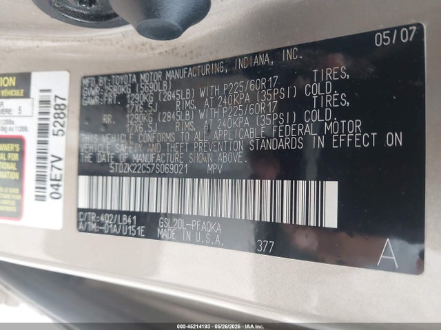 2007 Toyota Sienna Xle Limited მანქანა იყიდება აუქციონზე, vin: 5TDZK22C57S069021, აუქციონის ნომერი: 45214193