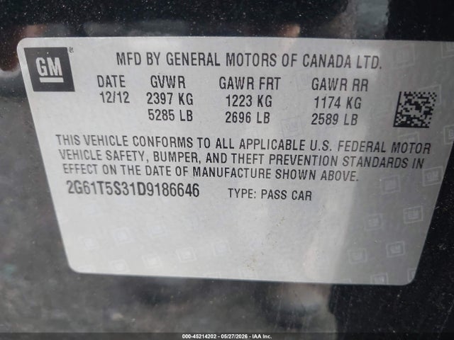 45214202 :رقم المزاد ، 2G61T5S31D9186646 vin ، 2013 Cadillac Xts Premium مزاد بيع
