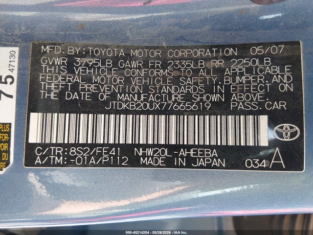 Aukcja sprzedaży 2007 Toyota Prius, vin: JTDKB20UX77665619, numer aukcji: 45214204