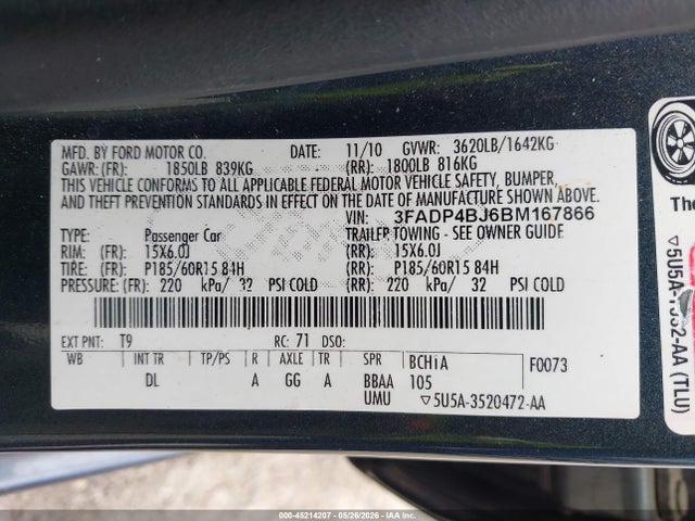 45214207 :رقم المزاد ، 3FADP4BJ6BM167866 vin ، 2011 Ford Fiesta Se مزاد بيع