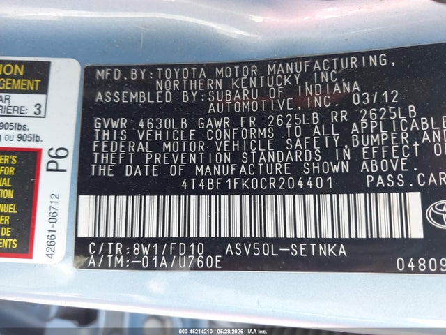 45214210 :رقم المزاد ، 4T4BF1FK0CR204401 vin ، 2012 Toyota Camry Le مزاد بيع