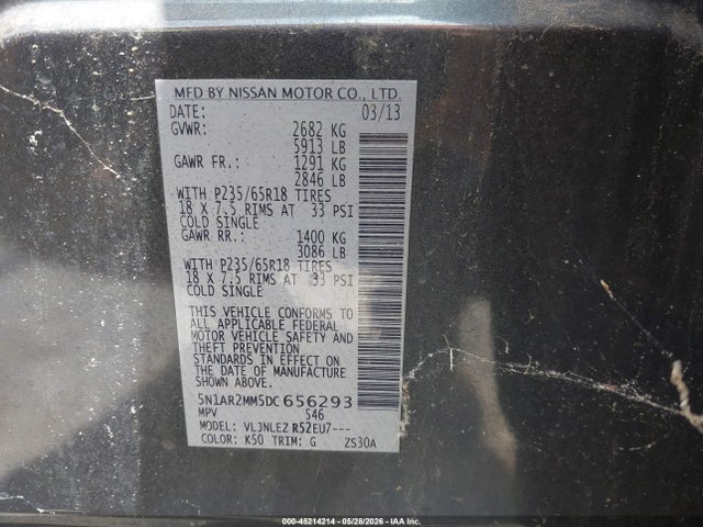 45214214 :رقم المزاد ، 5N1AR2MM5DC656293 vin ، 2013 Nissan Pathfinder Sv مزاد بيع