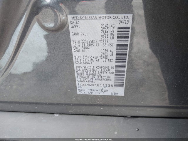 Aukcja sprzedaży 2019 Nissan Rogue Sl, vin: 5N1AT2MV0KC811338, numer aukcji: 45214220