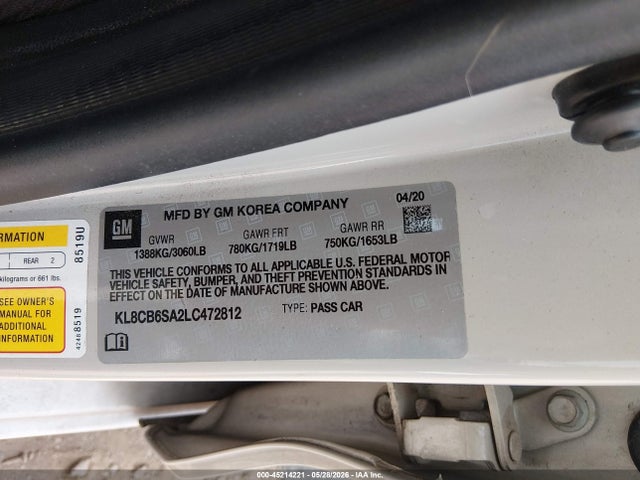 45214221 :رقم المزاد ، KL8CB6SA2LC472812 vin ، 2020 Chevrolet Spark Fwd Ls Automatic مزاد بيع