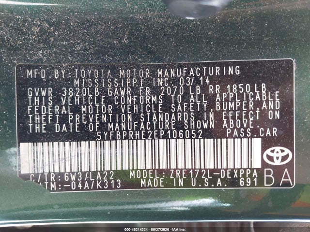 45214224 :رقم المزاد ، 5YFBPRHE2EP106052 vin ، 2014 Toyota Corolla Le Eco Premium مزاد بيع