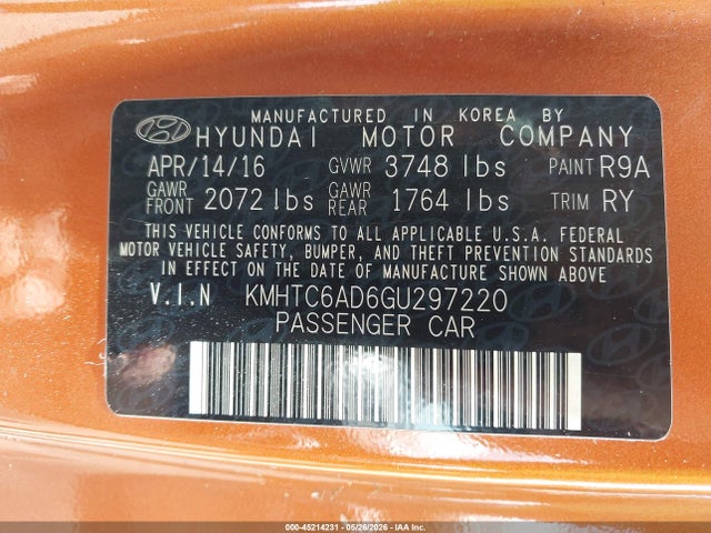 Продажа на аукционе авто 2016 Hyundai Veloster, vin: KMHTC6AD6GU297220, номер лота: 45214231