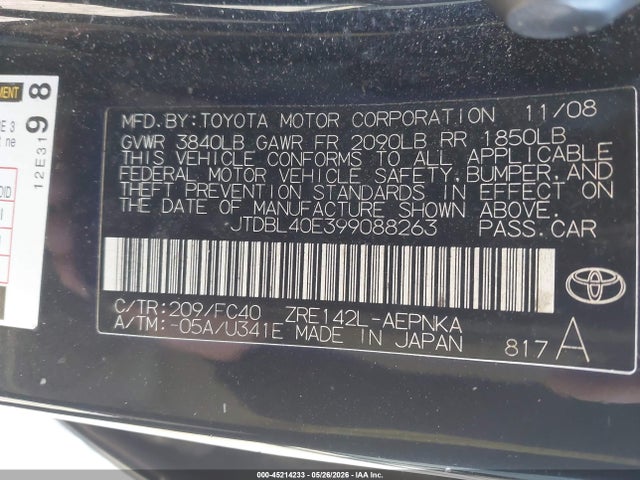 45214233 :رقم المزاد ، JTDBL40E399088263 vin ، 2009 Toyota Corolla Xle مزاد بيع
