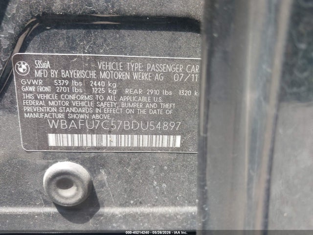 Продажа на аукционе авто 2011 Bmw 535i Xdrive, vin: WBAFU7C57BDU54897, номер лота: 45214240