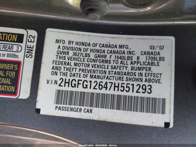 2007 Honda Civic Lx მანქანა იყიდება აუქციონზე, vin: 2HGFG12647H551293, აუქციონის ნომერი: 45214244