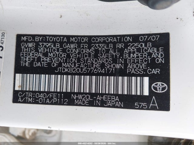 Продаж на аукціоні авто 2007 Toyota Prius, vin: JTDKB20U577694171, номер лоту: 45214252