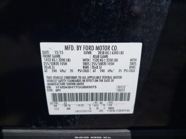 Aukcja sprzedaży 2016 Ford Explorer Platinum, vin: 1FM5K8HT7GGB85075, numer aukcji: 45214259
