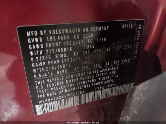 Aukcja sprzedaży 2016 Volkswagen Tiguan S, vin: WVGBV7AXXGW021066, numer aukcji: 45214263