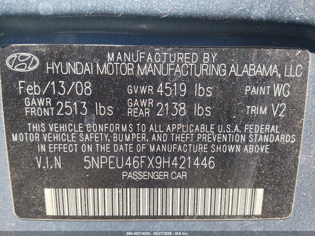 Продаж на аукціоні авто 2009 Hyundai Sonata Limited V6, vin: 5NPEU46FX9H421446, номер лоту: 45214285