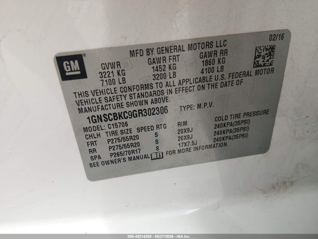Auction sale of the 2016 Chevrolet Tahoe Lt, vin: 1GNSCBKC9GR302306, lot number: 45214288