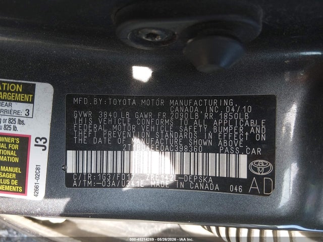 2010 Toyota Corolla S მანქანა იყიდება აუქციონზე, vin: 2T1BU4EE0AC398360, აუქციონის ნომერი: 45214289