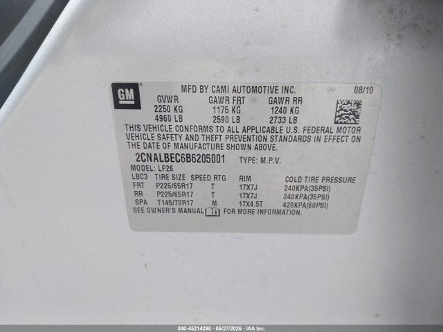 2011 Chevrolet Equinox Ls მანქანა იყიდება აუქციონზე, vin: 2CNALBEC6B6205001, აუქციონის ნომერი: 45214290