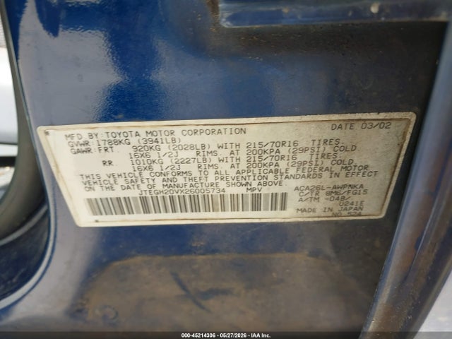 2002 Toyota Rav4 მანქანა იყიდება აუქციონზე, vin: JTEGH20VX26005734, აუქციონის ნომერი: 45214306