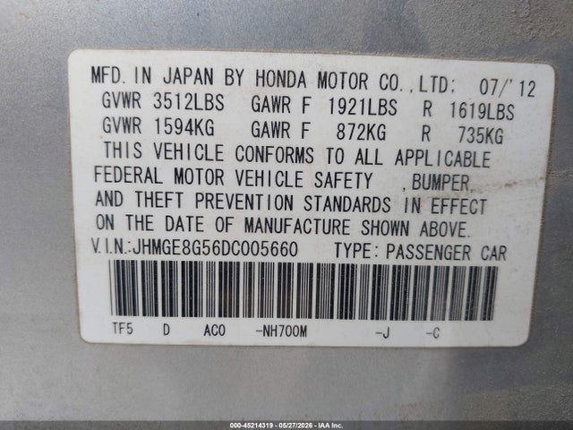 2013 Honda Fit Sport მანქანა იყიდება აუქციონზე, vin: JHMGE8G56DC005660, აუქციონის ნომერი: 45214319