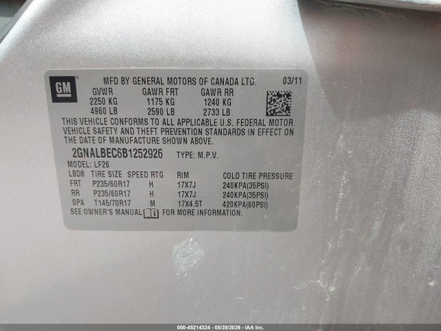 Продаж на аукціоні авто 2011 Chevrolet Equinox Ls, vin: 2GNALBEC6B1252926, номер лоту: 45214324