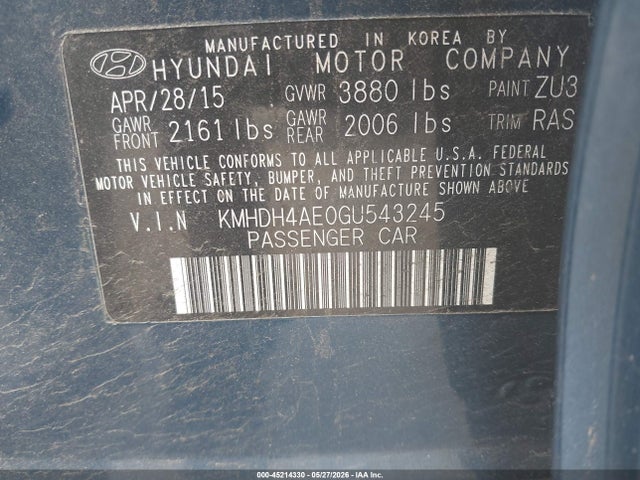 Продаж на аукціоні авто 2016 Hyundai Elantra Se, vin: KMHDH4AE0GU543245, номер лоту: 45214330
