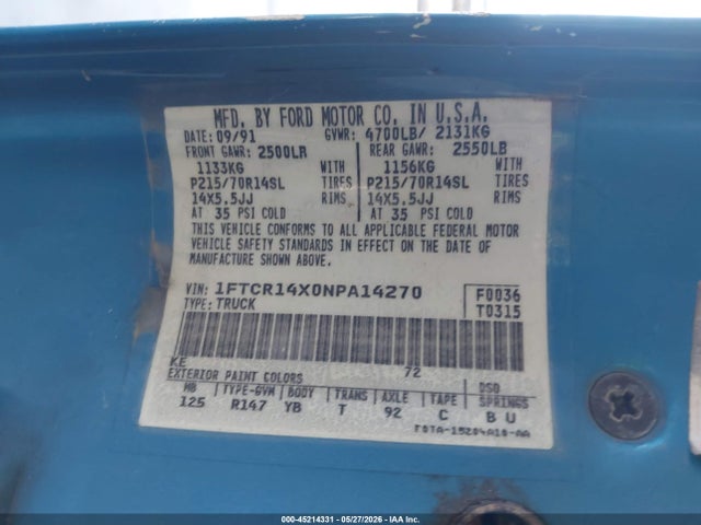 1992 Ford Ranger Super Cab მანქანა იყიდება აუქციონზე, vin: 1FTCR14X0NPA14270, აუქციონის ნომერი: 45214331