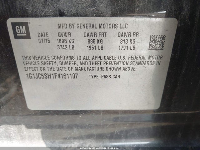 2015 Chevrolet Sonic Lt Auto მანქანა იყიდება აუქციონზე, vin: 1G1JC5SH1F4161107, აუქციონის ნომერი: 45214332