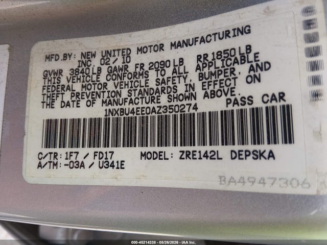Продажа на аукционе авто 2010 Toyota Corolla S, vin: 1NXBU4EE0AZ350274, номер лота: 45214338