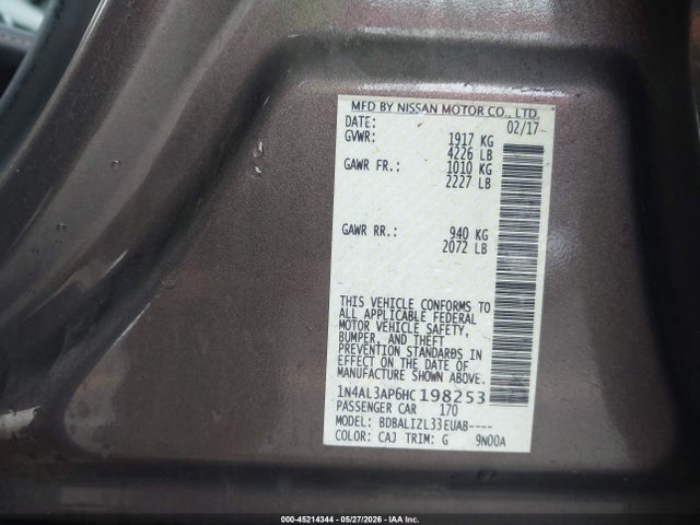 45214344 :رقم المزاد ، 1N4AL3AP6HC198253 vin ، 2017 Nissan Altima 2.5 Sv مزاد بيع