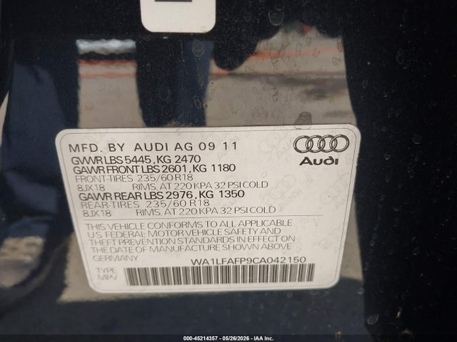 2012 Audi Q5 2.0t Premium მანქანა იყიდება აუქციონზე, vin: WA1LFAFP9CA042150, აუქციონის ნომერი: 45214357