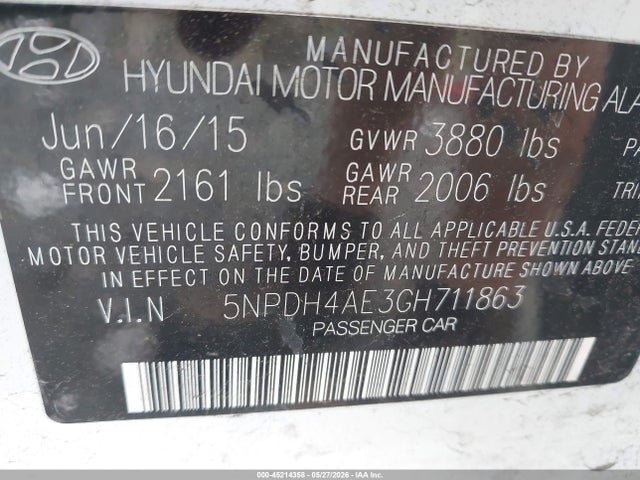 Aukcja sprzedaży 2016 Hyundai Elantra Se, vin: 5NPDH4AE3GH711863, numer aukcji: 45214358