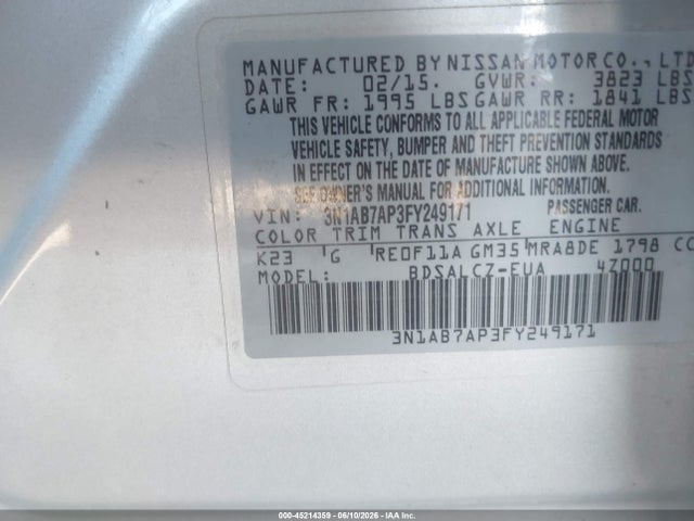 3N1AB7AP3FY249171 Nissan Sentra Fe+ S/s/sl/sr/sv